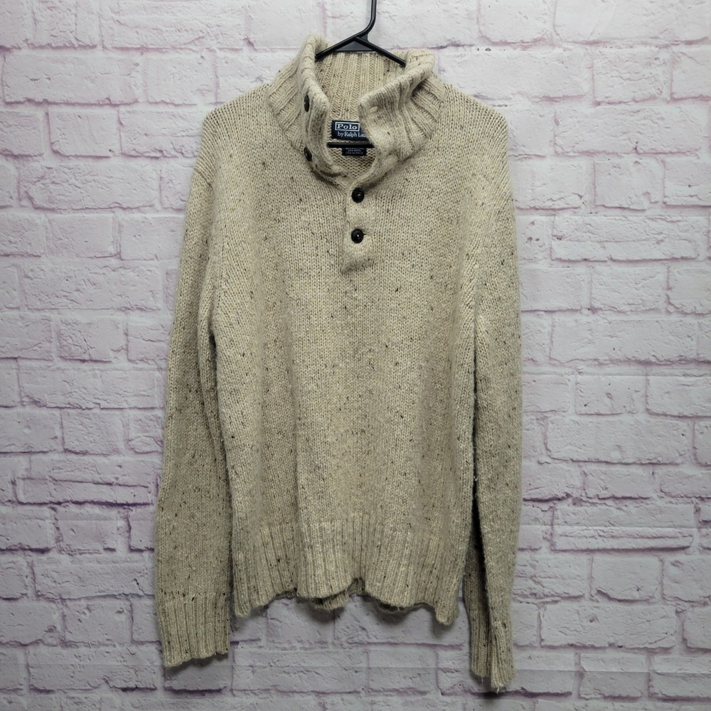 Polo by Ralph Lauren Mock Neck Button Sweater Mens L Preppy Cozy Knit Minimalist